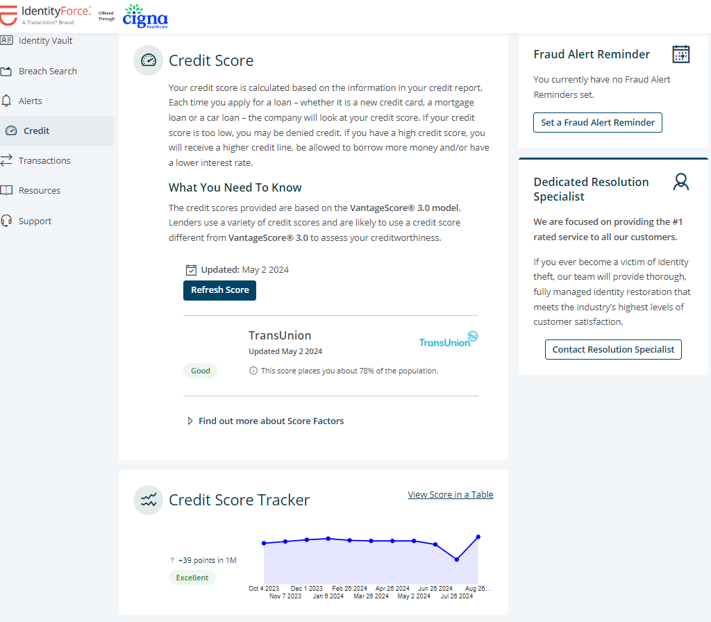 IdentityForce showing Credit Scoer and Credit Score Tracker