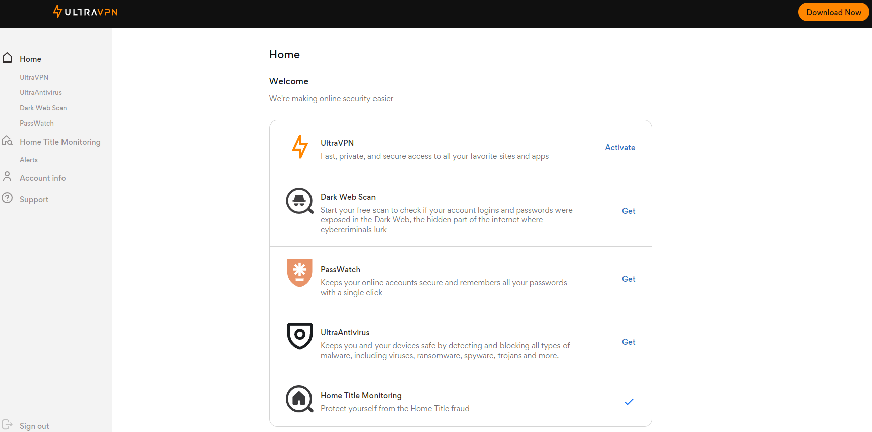 UltraVPN portal welcome page with options to activate services