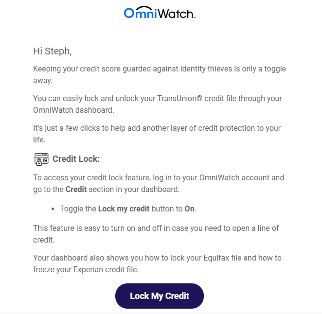 Email from OmniWatch about its credit lock feature