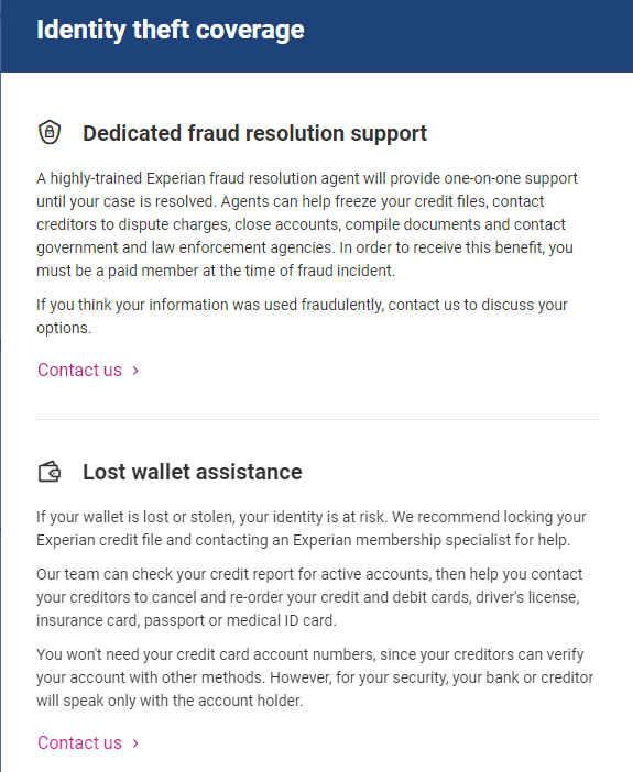 Experian IdentityWorks details for its identity restoration specialists and lost wallet assistance. 
