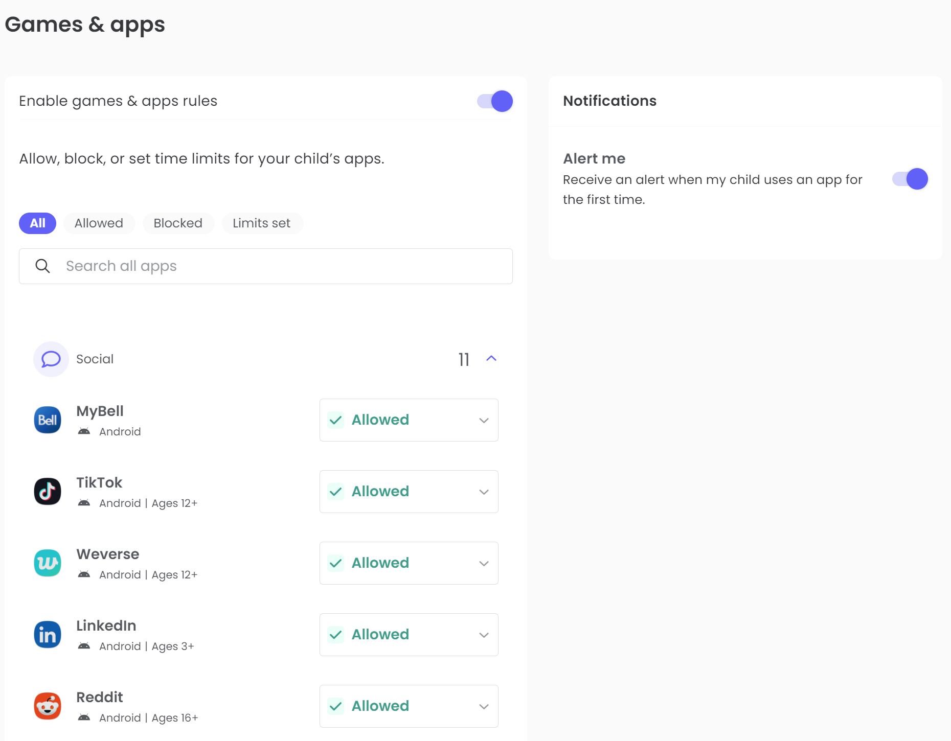 Qustodio settings for apps 