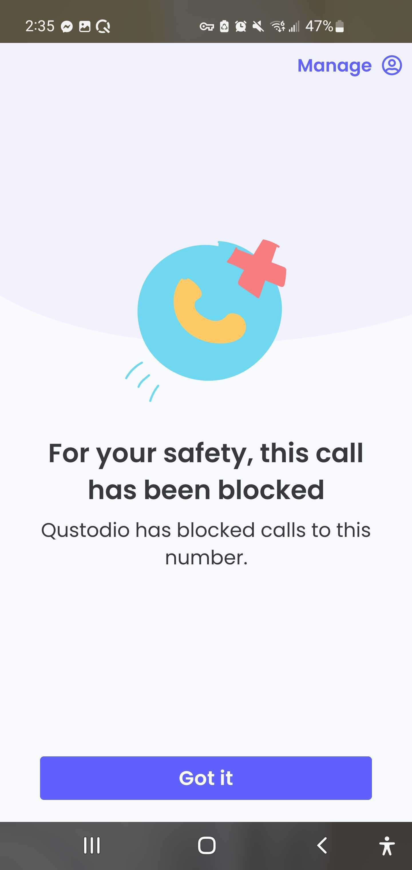 Qustodio blocking an outgoing phone call to a blocked number