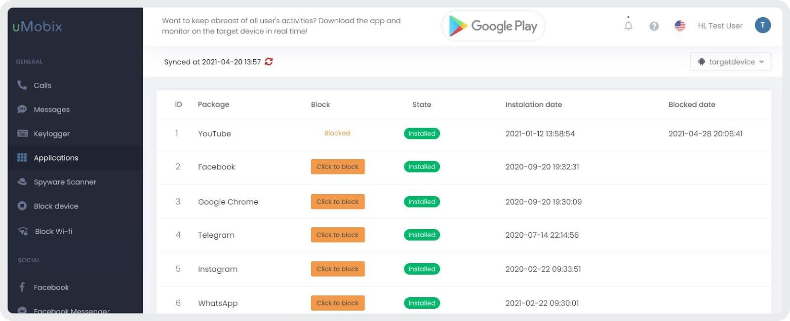 uMobix app blocking settings
