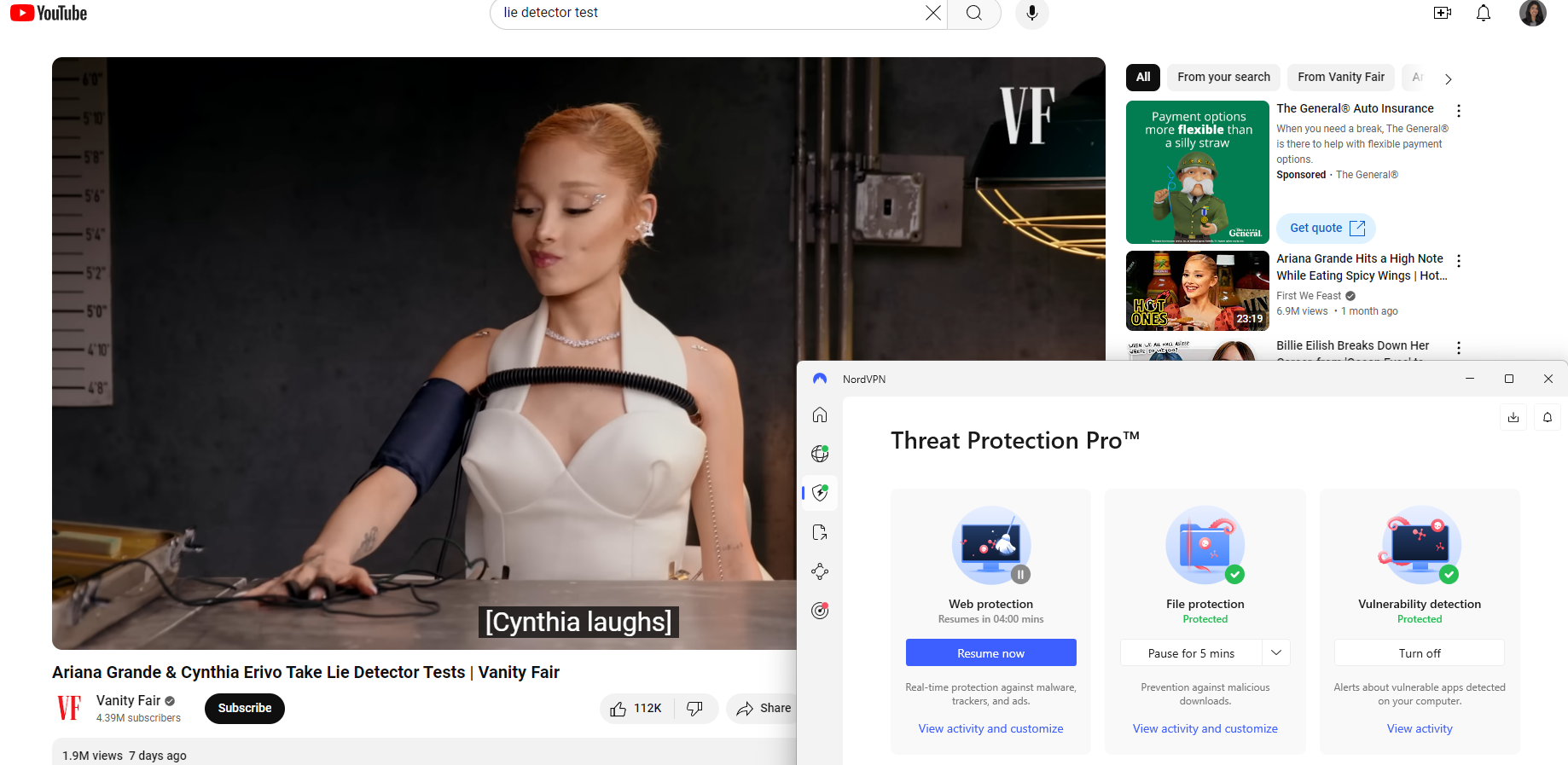 YouTube video with NordVPN Threat Protection Pro in the foreground