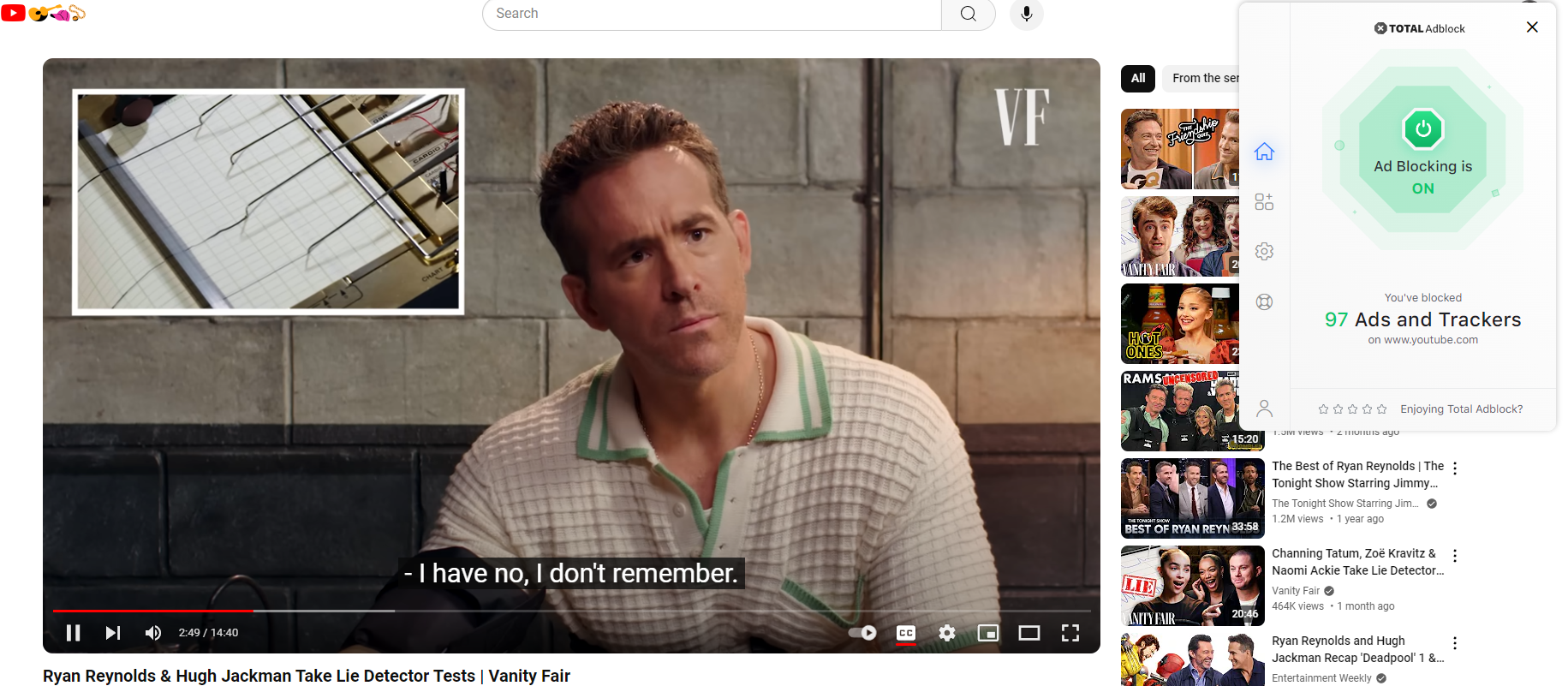 A YouTube video with the Total Adblock extension in the foreground