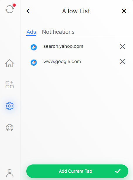 Total Adblock extension open on allowlist settings