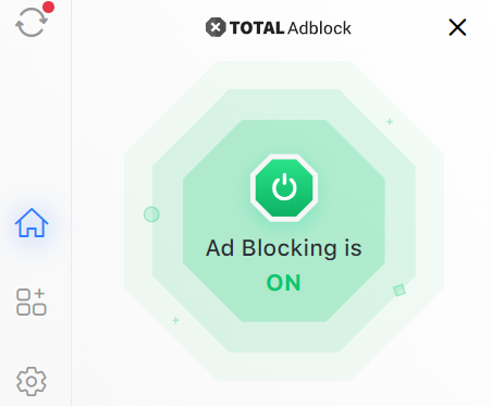 Total Adblock extension open on home tab