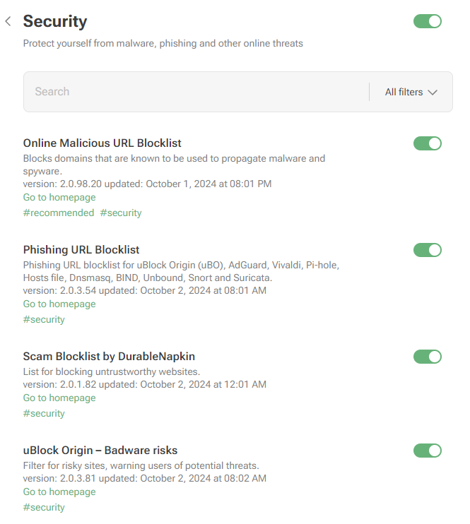 AdGuard list of Security filters. 