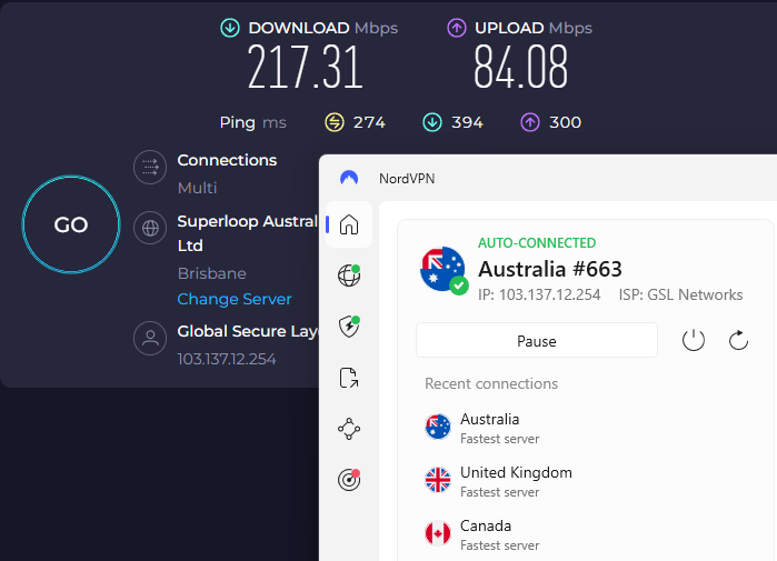 Speed test results with NordVPN in the foreground (connected to Australia)