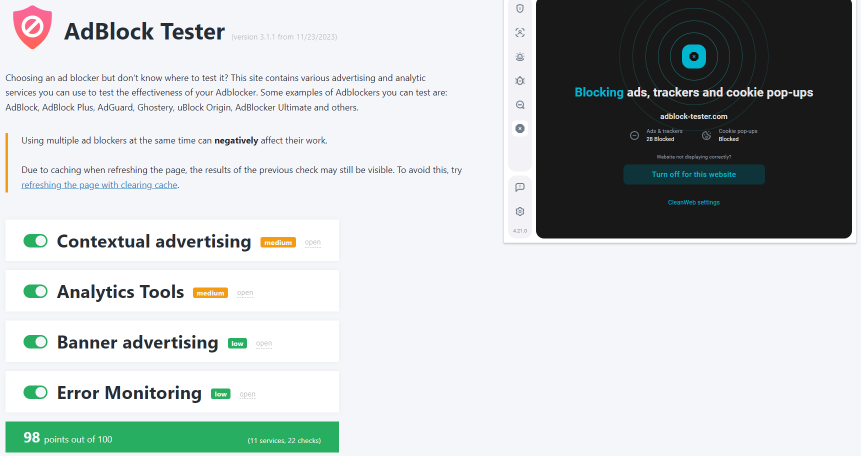 Surfshark CleanWeb's AdBlock Tester results