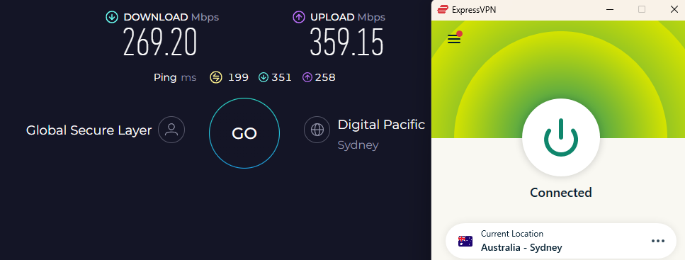 Speed test results for ExpressVPN while connected to a server in Sydney, Australia. 