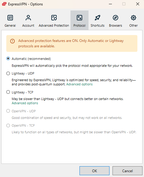 ExpressVPN protocol options tab 