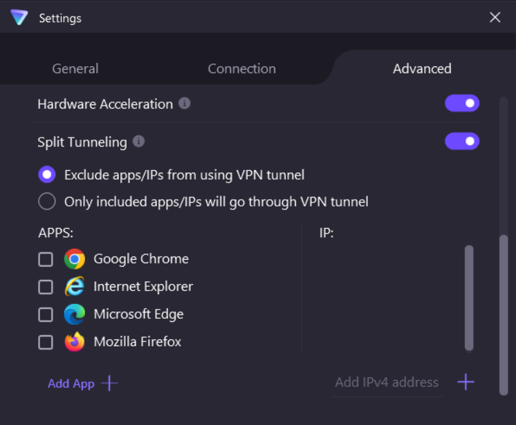 Proton VPN Advanced settings tab under Split Tunneling