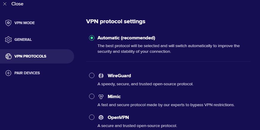 Avast SecureLine VPN protocol settings