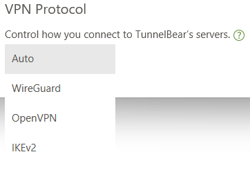 TunnelBear VPN protocol options