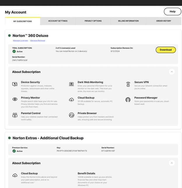 Norton 360 Deluxe dashboard with lots of features