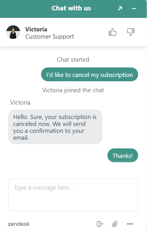 Onerep customer support conversation to cancel a subscription.