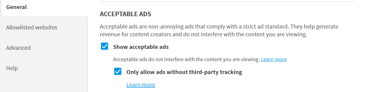 Adblock Plus Acceptable Ads settings