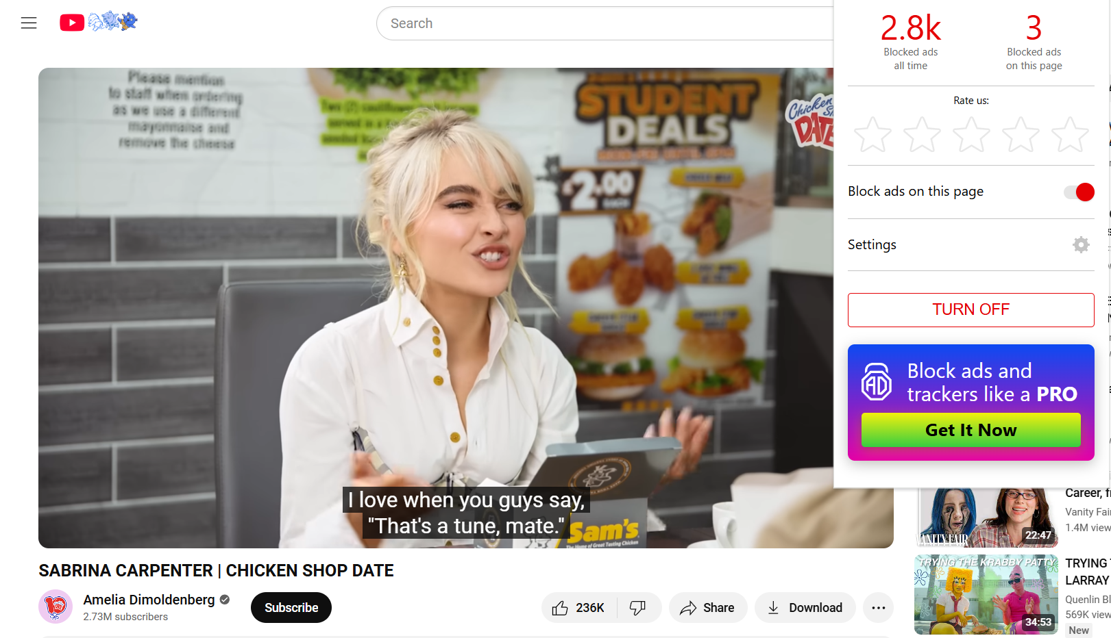 A YouTube video with the AdLock extension open