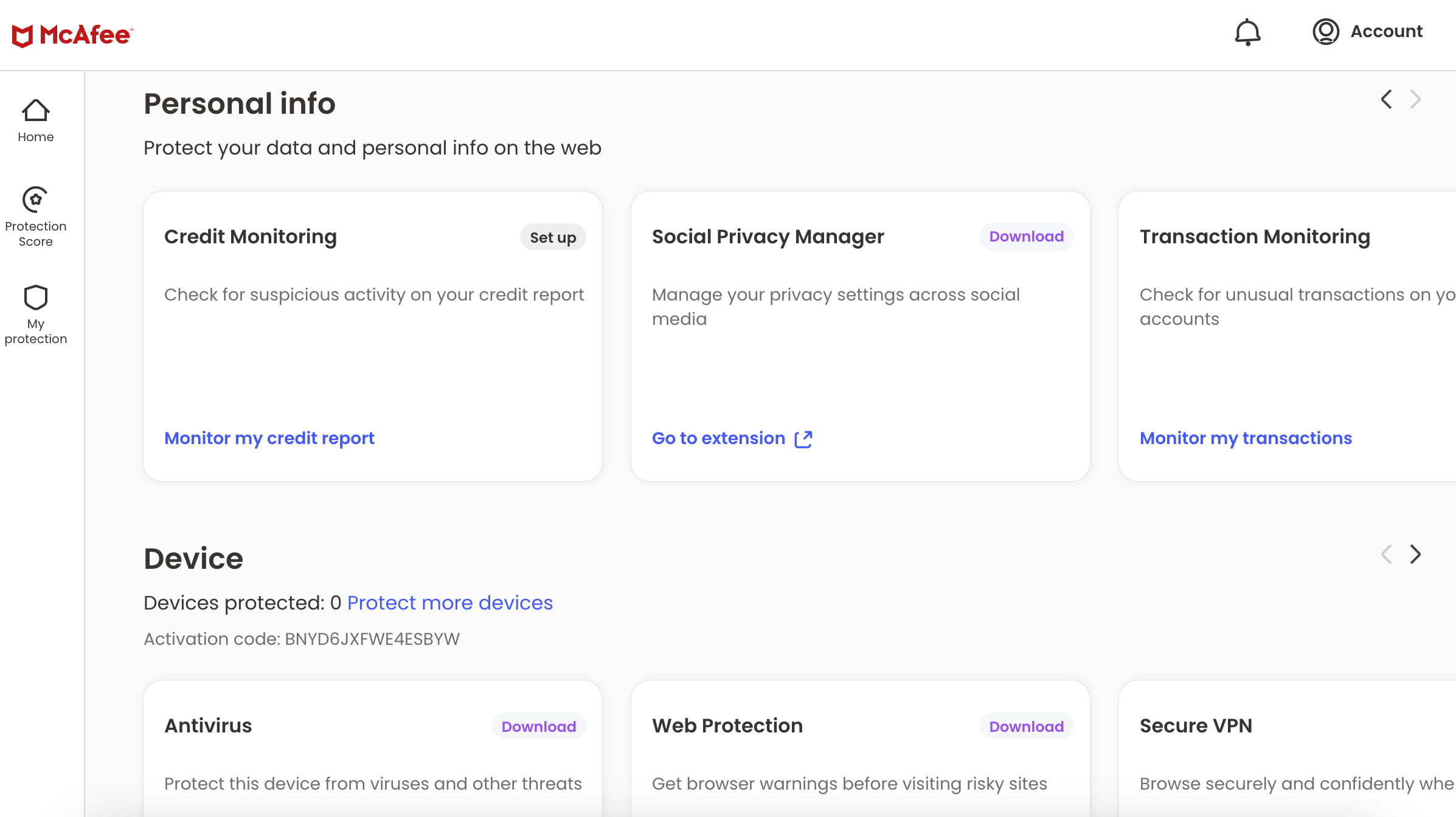 McAfee dashboard.