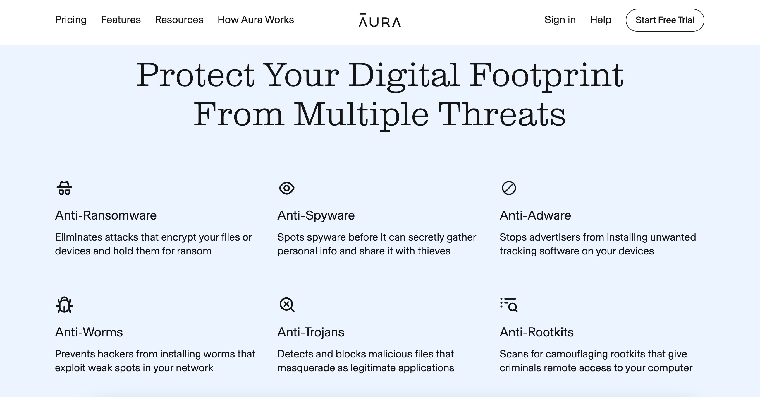 Aura antivirus landing page.