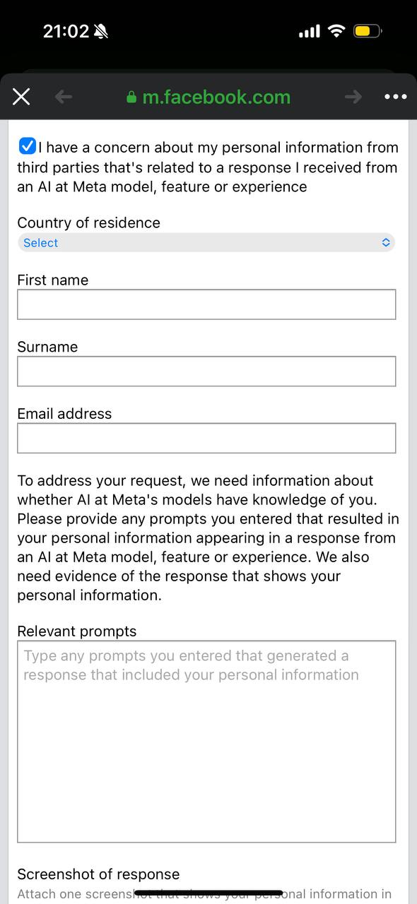 Complete opt out form for Meta AI training on Facebook