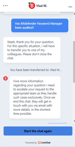 A live chat exchange with Bitdefender Password Manager customer support. 
