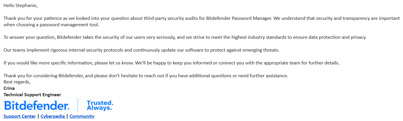 Email from Bitdefender customer support