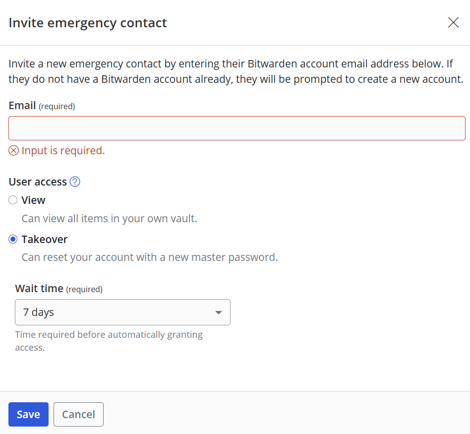 Bitwarden emergency contact options