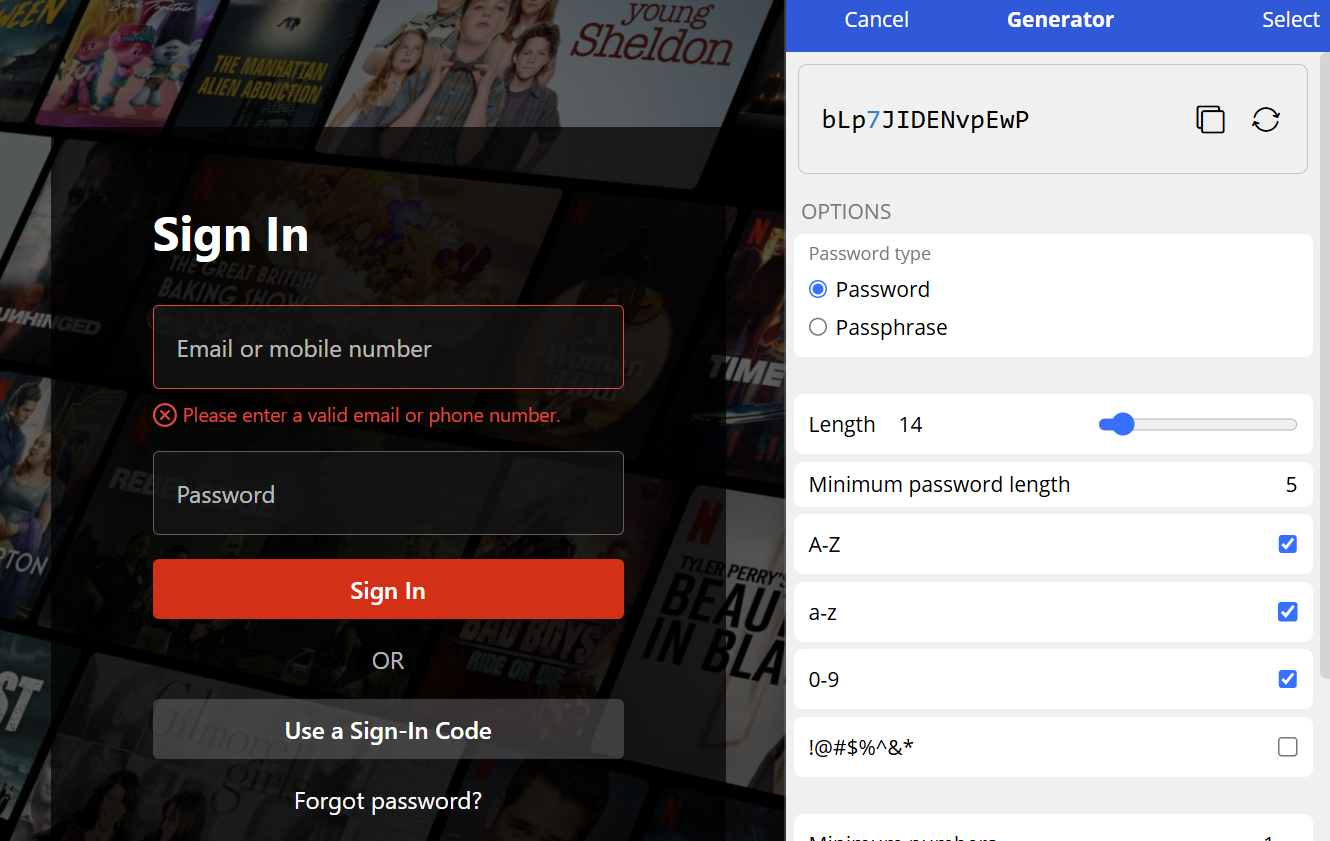 Bitwarden password generator for Netflix