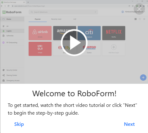 Roboform web vault welcome screen