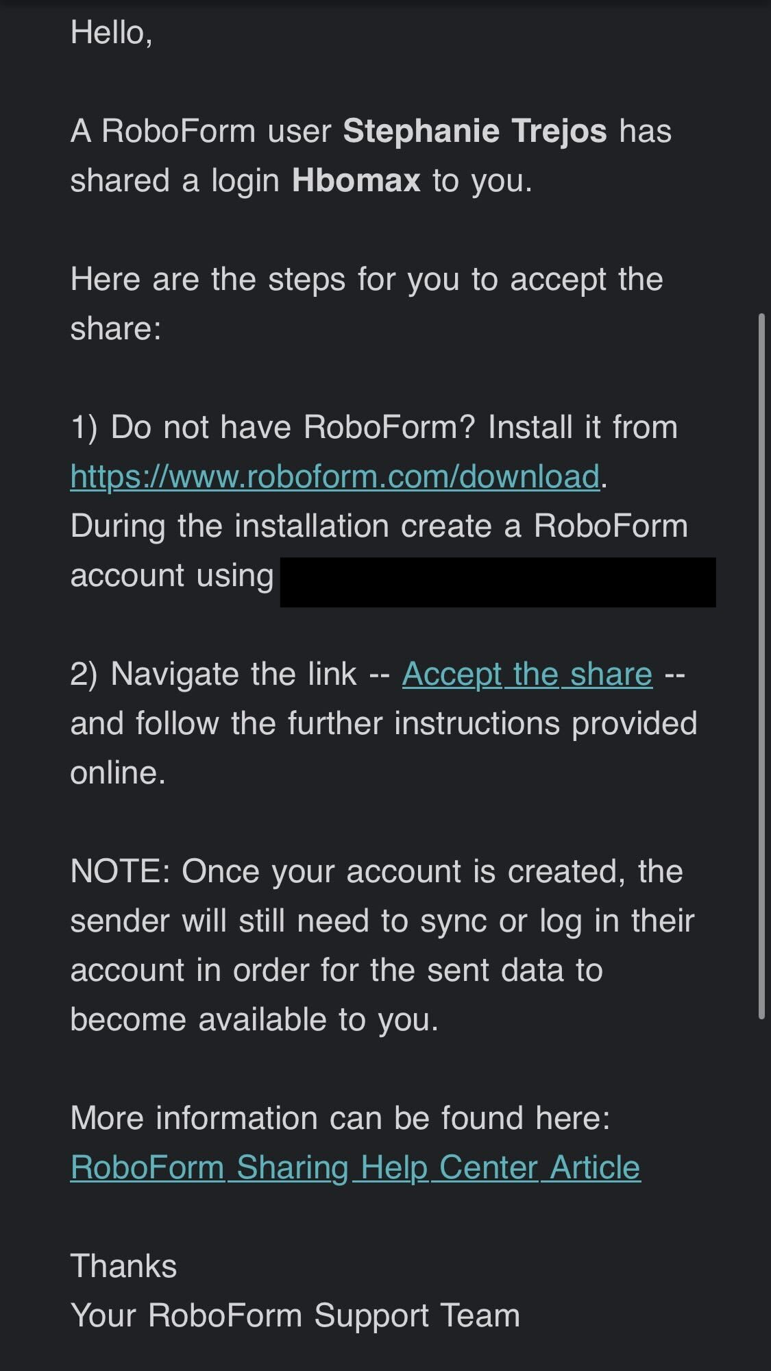 Email from Roboform after receiving a password from a Roboform user