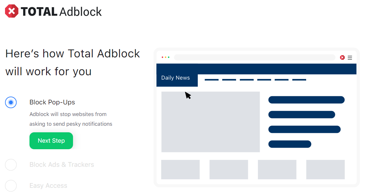 Total Adblock block pop-ups and next steps page.