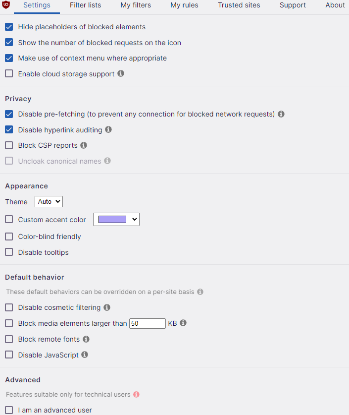 uBlock Origin settings.