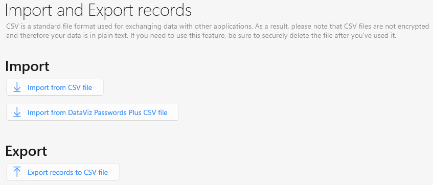 mSecure settings under import and export records tab