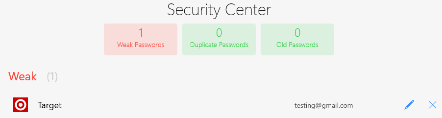 mSecure Security Center with a weak password flagged