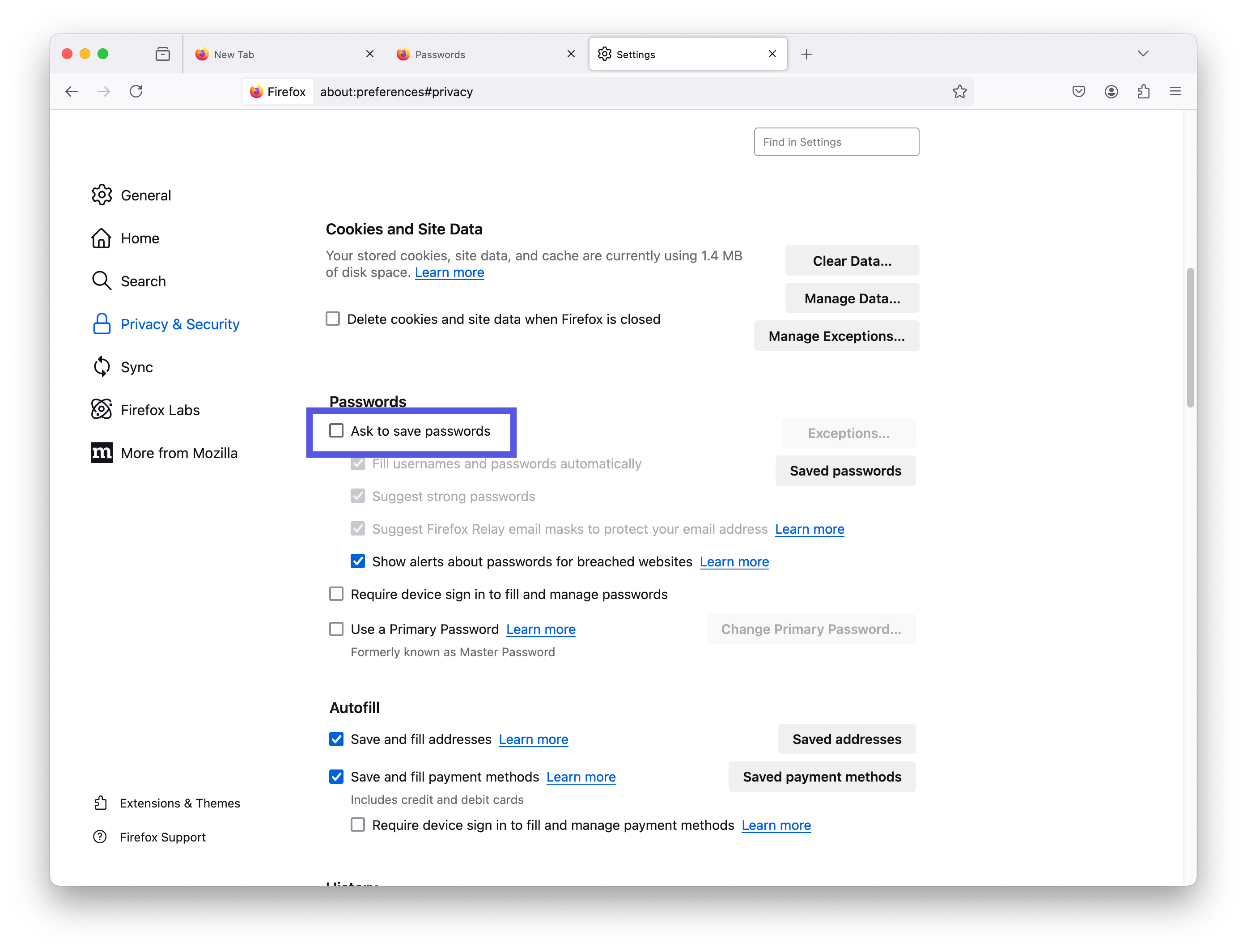 Disable Firefox password manager