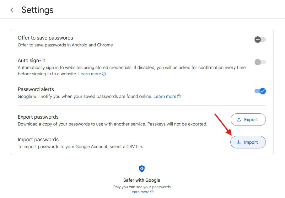 Google Password Manager import button