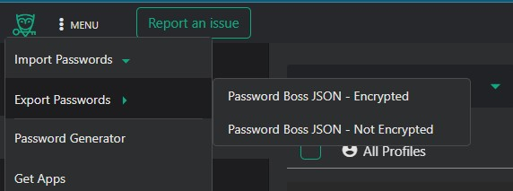 An example of the option to export encrypted passwords from a password manager