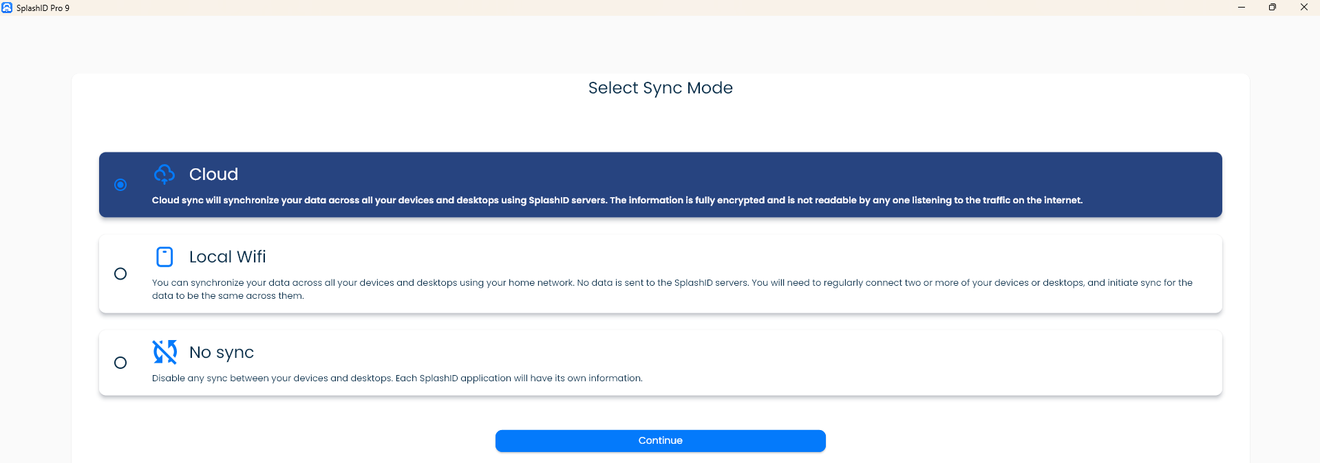 SplashID list of sync mode options