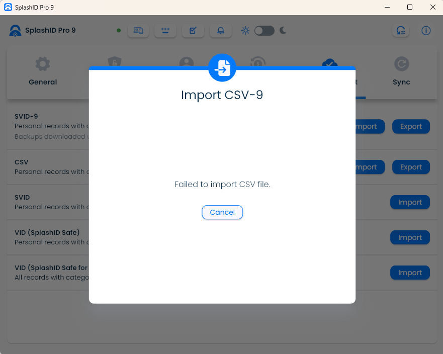 SplashID export/import screen with a pop-up stating, "Failed to import CSV file"