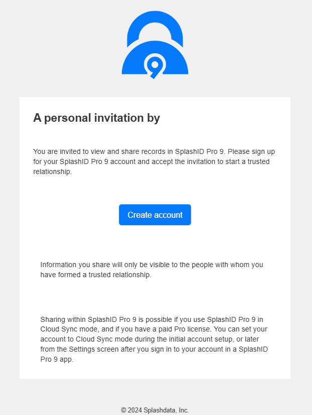 SplashID email invitation to create an account for password sharing