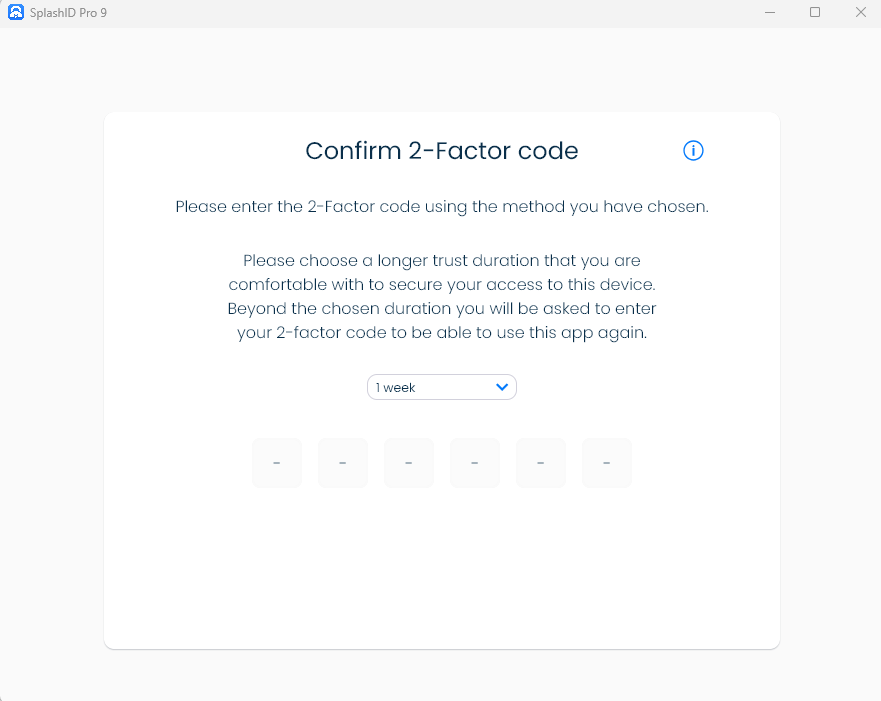 SplashID confirm 2-factor code screen