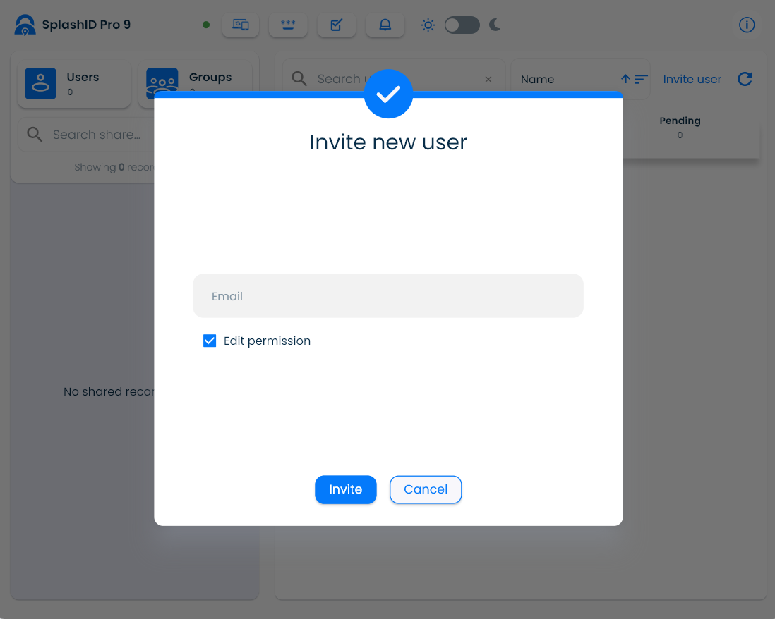 SplashID pop-up to invite a new user