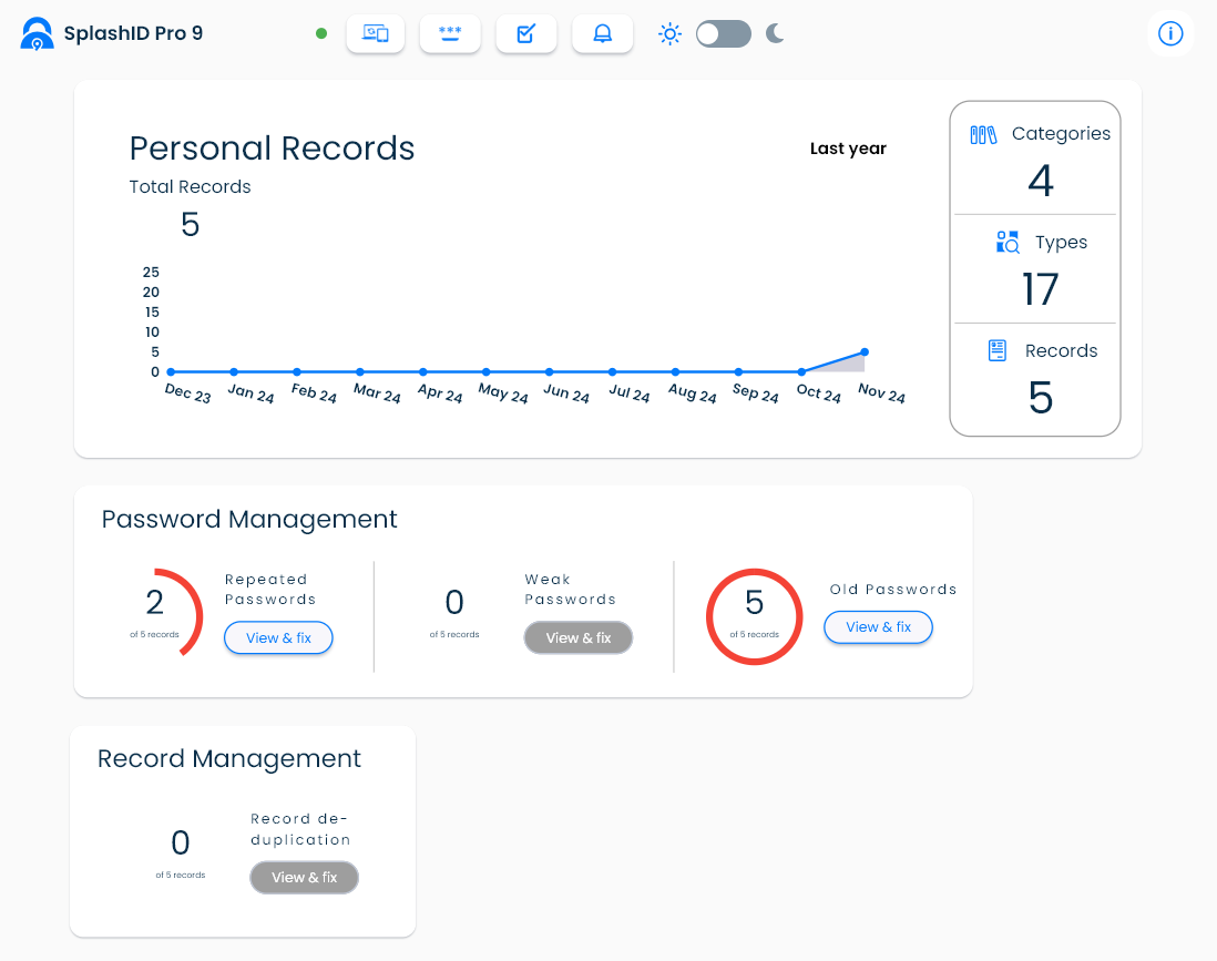 SplashID dashboard with personal records graph and password management report