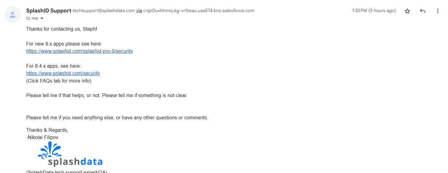 Email from SplashID support