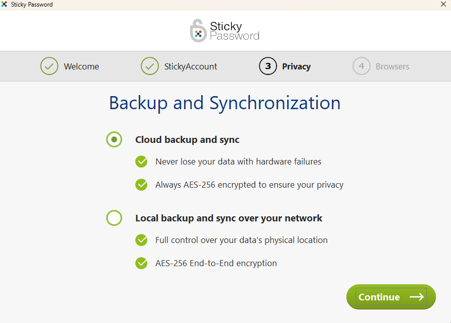Sticky Password set up for Backup and Synchronization