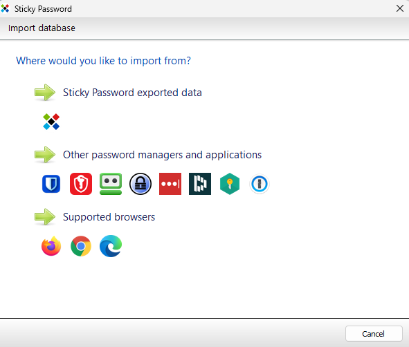 Sticky Password window to import database