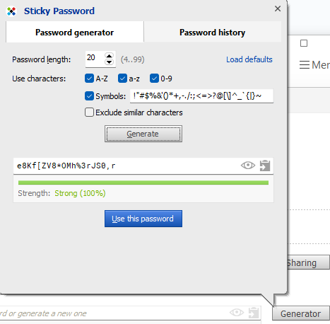 Sticky Password password generator window