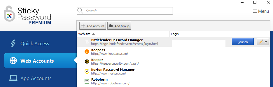 Sticky Password dashboard open on web accounts tab